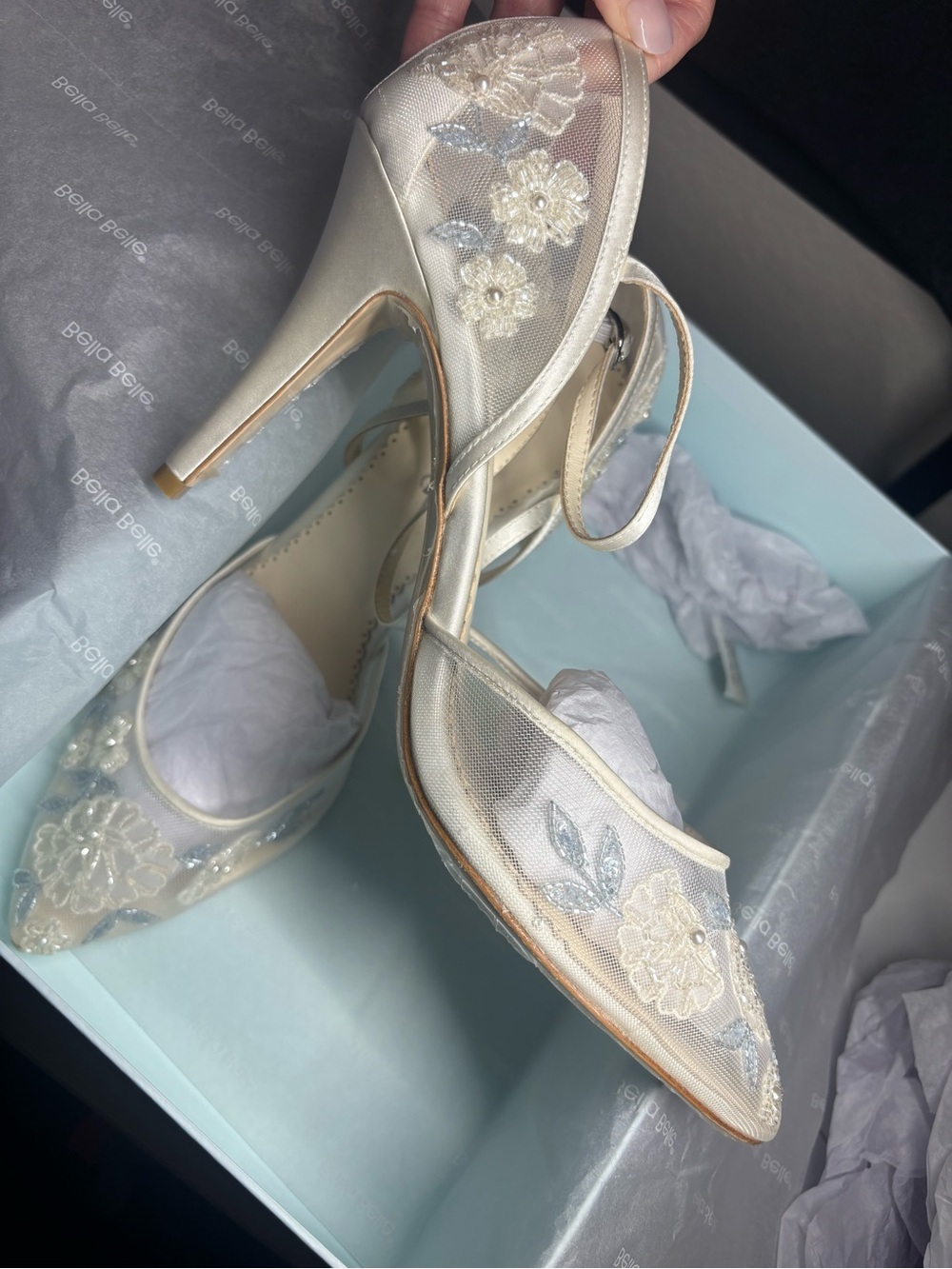 Bella Belle Viola Heels in Ivory Floral Embroidered Mesh 3inch heels